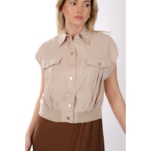 Ysatis Minimalist Kolsuz Crop Yelek - Gömlek Yaka Bej