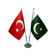 Masa Üstü Pakistan Bayrağı Türk Bayrağı İkili Krom Direk Masa Bay