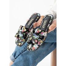 Dabab Shoes Florısa Kadın Çiçek Desenli H Bantlı Siyah Düz Taban Yazlık Terlik