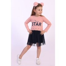 Toontoy Kız Çocuk Star Baskılı Tüllü Elbise Pudra