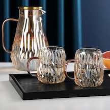 Qerhome Borosilikat Amber Cam Gold Kapaklı Sürahi 1900 Ml & 2 Adet Borosilikat Cam Kupa 450 Ml Mrc