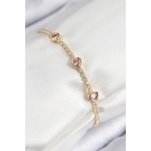 Pirinç Zirkon Taşlı Pembe Kalp Model Gold Renk Kadın Bileklik Renk Renk
