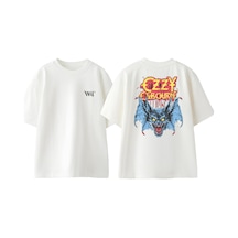 Thewert Ozzy Yarasa Tasarım Sırt Baskılı Pamuk Beyaz Oversize T-shirt