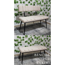 Özcan Metal Siyah Metal Ayaklı Sırtlı & Sırtsız Mutfak Salon Antre Yatak Odası Puf Bank Oturak Takımı Bej