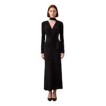 Ersefa Kadın Fashion Forward Bodycon Kesim V Yaka Kuşak Detaylı Maxi Elb Siyah