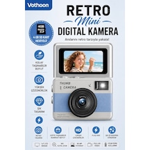 Retro Mini Dijital Kamera 1080p 1.47 İnç Flip Ekranlı Flaşlı Selfie Vlog Kamerası 4gb Sd Hediyeli Mavi