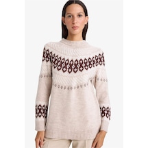 Defacto Regular Fit Bisiklet Yaka Desenli Triko Kazak Tunik G5887ax25wnbg750 Bej-bg750