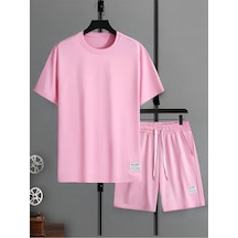 New Desıgn T-shirt Şort - Pembe Alt Üst Kombin Şort Tişört Takım Baskılı Oversize Bisiklet Yaka Pembe