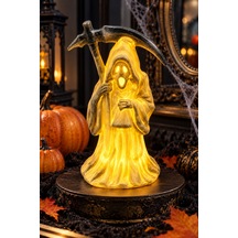 Halloween Cadılar Bayramı Led Işıklı Azrail Figürü Oraklı Kapüşonlu Gün Işığı Masa Süsü 18 Cm Renkli