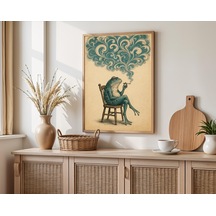 Tuhaf Sigara İçen Kurbağa Sanat Baskısı Japon Minimalist Sürreal Zen Dekorasyonu