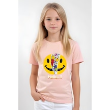 Panios Kids Emoji Baskılı Kız Çocuk Kısa Kollu T-shirt Somon
