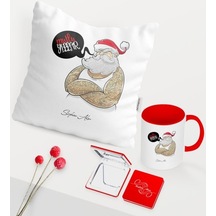 Kişiye Özel Yılbaşı Noel Baba Temalı Kırmızı Kupa Ayna Yastık Set (397419404)