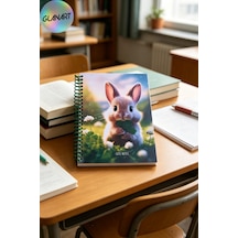 100 Yaprak Sevimli Tavşan Desenli Orta Boy Sert Kapak Kareli Defter 17x24 Cırtlı