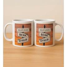 Bk Gift Kişiye Aşkın Yol Tabelası Tasarımlı 2li Beyaz Kupa Bardak-1, Sevgiliye Hediye, Eşe Hediye, Yıldönümü Hediyesi Kobitmeyencom34080 Bk Gift