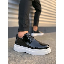 Mevese Ornex Erkek Deri Görünümlü Bağcıklı Casual Sneaker Klasik Günlük Ayakkabı - Siyah Beyaz Rugan