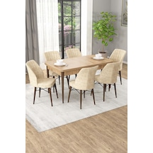 Arel Meşe 80x132 Açılabilir Mdf Masa Yemek Odası Takımı, Mutfak Takımı 6 Adet Sandalye Meşe Masa - 6 Krem - Meşe Ayak