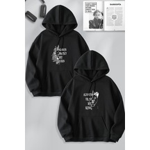 Macklin Sevgili Çift Kombin Erkek Ve Dişi Aslan Baskılı Özel Tasarım Kapüşonlu Sweatshirt 2li Set Takım Siyah Mck0738 Siyah