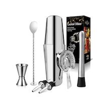 Moveevo 7 Parça Paslanmaz Çelik Kokteyl Karıştırıcı Seti - 750ml Şekör Bardak, Bardağı Kaçırıcı, Buz Kırıcı, Ölçü Kadeh Ve Araçlar
