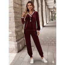 Evyora Kadın Uzun Kollu V Yaka Kadife Bluz Ve Pantolon Ikili Takım Kırmızı
