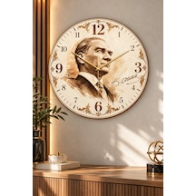 Atatürk Temalı 45 Cm Ahşap Sessiz Akar Mekanizmalı Uv Baskılı Dekoratif Duvar Saati Hediyelik 1100 Çok Renkli
