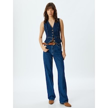 Koton Yüksek Bel Kot Pantolon Düz Paça Düğmeli Pamuklu - Straight Fit Jean Koyu İndigo 5wal40147md Koyu İndigo