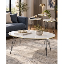 Odera Çift Altın Beyaz Elips Orta Sehpa Ve Zigon Sehpa 4'lü Set Siyah Tel Metal Ayaklı Modern Retro Salon Sehpası Diğer