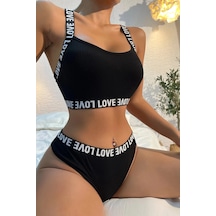 Ang Butik Kadın Siyah Çapraz Sırt Ve Love Yazı Detaylı Iç Çamaşır Takımı