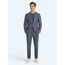 Kip Mavi Desenli Modern Fit Keten Karışımlı Takım Elbise