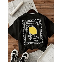 Limoncella "la Dolce Vita" Baskılı Oversize Pamuklu Kadın T-shirt SIYAH