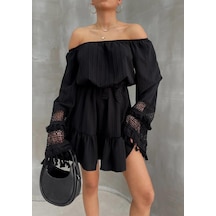 Nana & Mayka Moda Kadın Siyah Madonna Yaka Mini Elbise Bohem Tarz Püsküllü Kuşaklı Yazlık Siyah