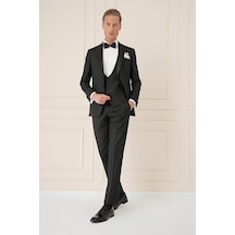 Efor Black 077 Slim Fit Çıkarılabilir Saten Yaka Yelekli Siyah Damatlık Smokin Takım Siyah