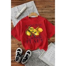 Bella Limon Ön Baskılı Oversize Pamuklu Kadın T-shirt Kirmizi