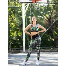 Lismina Bacağı Ve Beli Siyah Şeritli Çiçek Desenli Spor Tayt Renklı