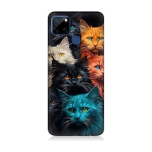 Realme C12 Uyumlu Renkli Sevimli Kedi Yüzleri Desenli Silikon Kılıf