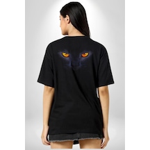 Siyah Kedi Gözler Ateş Pamuklu Unisex Oversize Sırt Dijital Baskılı Siyah T-shirt Siyah