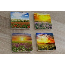 Bahar Çiçekleri Doğal Taş Bardak Altlığı 4'lü Set - Natural Stone Coasters - Taş Çok Renkli