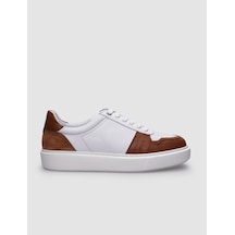%100 Hakiki Deri Beyaz - Taba Bağcıklı Erkek Sneaker Beyaz