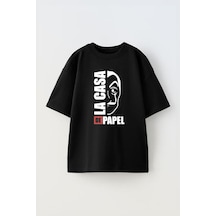 Thewert Unisex La Casa De Papel Mask Tasarım Baskılı Pamuk Sıyah Oversize T-shirt Siyah