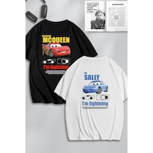 Unisex Kadın Erkek Şimşek Mcqueen & Sally Sırt Baskılı Sevgili Çift Kombini Tasarım Oversize Tshirt Siyah Beyaz Mck0488 Siyah Beyaz