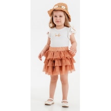Kız Çocuk Smile Yazı Desenli Şapkalı Tütü Etekli Kahverengi Renk 3 Lü Takım 001