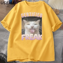 Flood Of Style Sertifikalı Freak Komik Kedi Meme T-shirt Adam Kısa Kollu Tişört Erkek Tshirt Erkek Giysileri Sarı