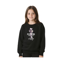 Flowers Baskılı Kız Çocuk Yuvarlak Yaka Siyah Sweatshirt Siyah