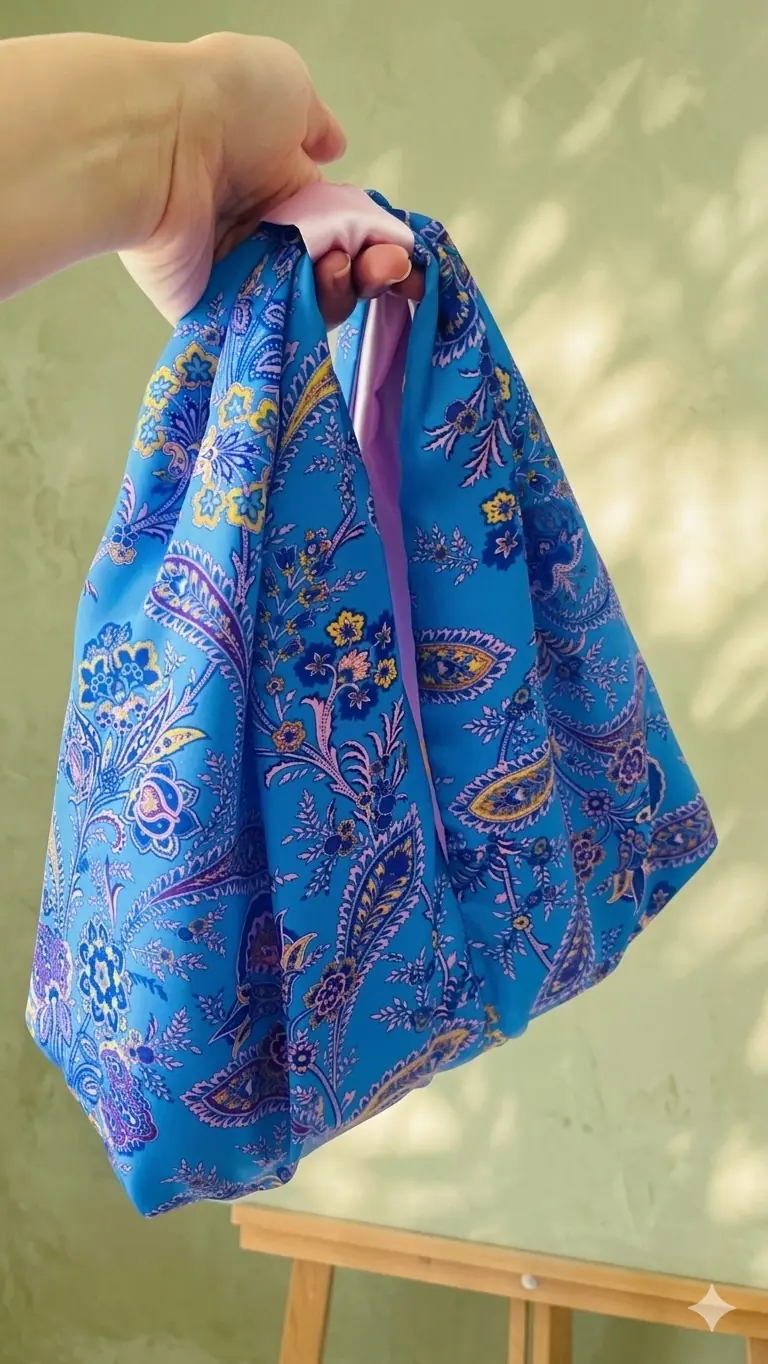 El'moda Alaçatı Serisi : Limited Edition Mavi Şal Desenli Çanta - Mavi Şal Desenli Pembe Saten Astarlı El Çantası Mavi - Pembe