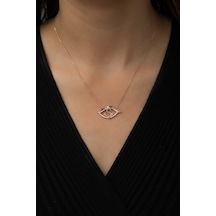Papatya Silver Aşk Yazılı Göz Kolye Renkli Nano Zirkon Rose Gold Kaplama 925 Ayar Gümüş UVPS100505
