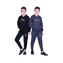 Fyk Kids Erkek Çocuk Baskılı Kanguru Cepli Kapüşonlu 2li Eşofman Takımı Siyah - Füme