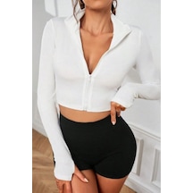 Genel Markalar Fermuarlı Uzun Kollu Parmaklık Detaylı Dik Yaka Crop Top Bluz Beyaz BEYAZ