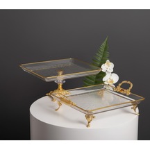 Çnr Home Collection 2 'li Paşabahçe Kristal Metal Ayakli Yaldizli Kare Pasta Sunumluk Kurabiyelik Altin
