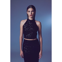 Sateen Kolsuz Payetli Bluz - Siyah-134120