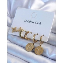Yonca Model 3'lü Kararmaz Solmaz Çelik Küpe Seti Gold - 613731331 Gold