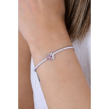 Gümüş Rodyumlu Pırlanta Modeli Pembe Zirkon Taşlı Bahar Çiçekleri Su Yolu Bileklik Barcode Gümüş